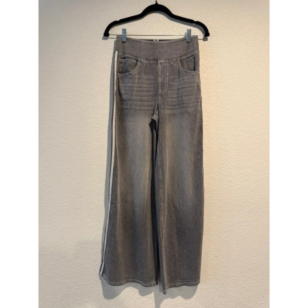 Halara Grey Wide Leg Denim Look Side Stripe Pants Petite Small S High Waisted - Picture 2 of 9